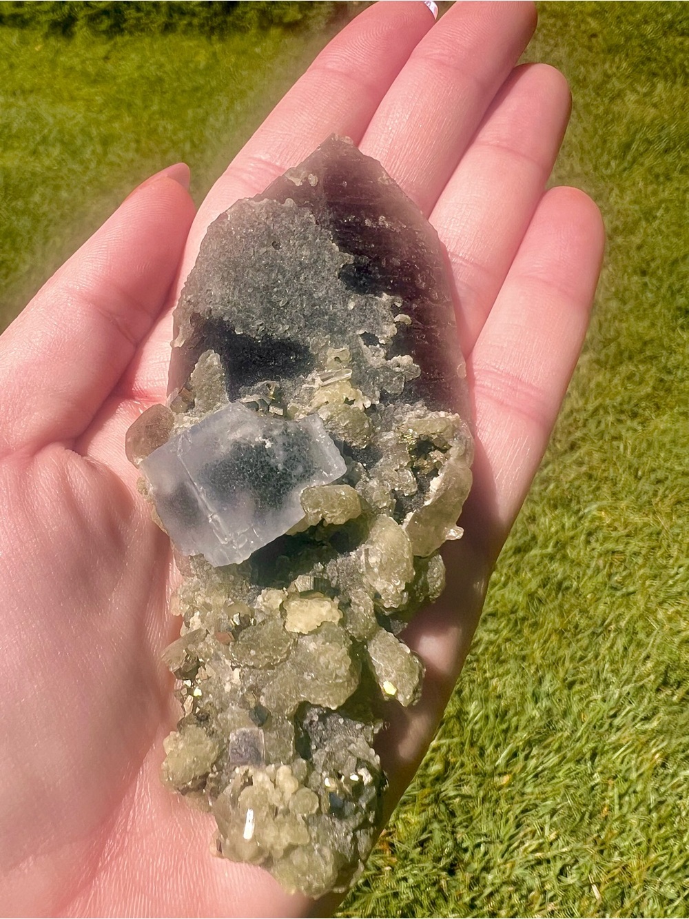 Natural Blue Cubic Fluorite with Chalcopyrite & Smoky Quartz – 78.6g